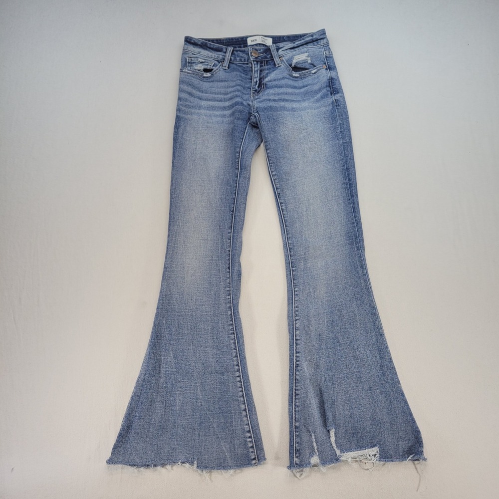 BKE Stella Super Flare Jeans Womens 25 Blue Low Rise Light Wash Raw Hem Denim